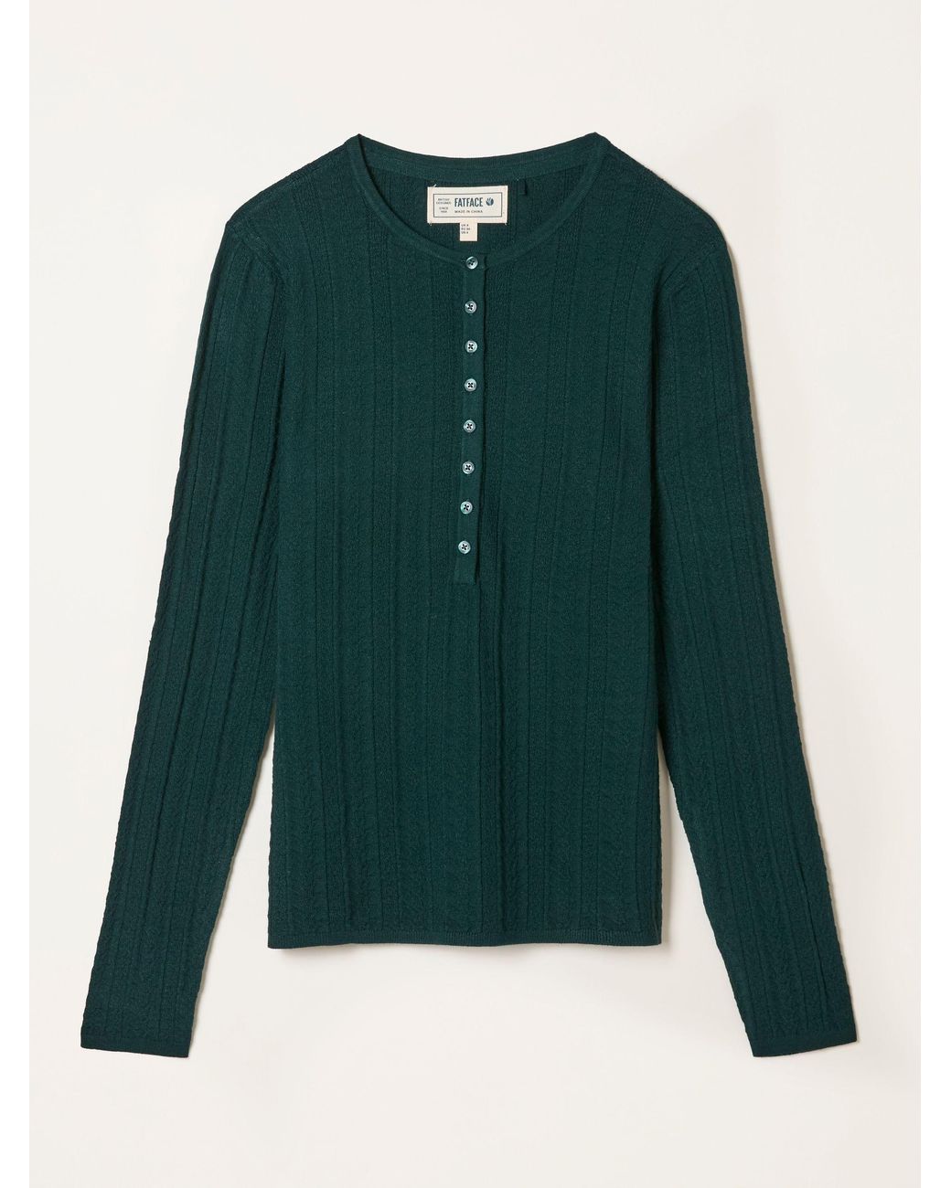 FatFace Green Mae Knitted Textured Henley Crew Neck Jumper