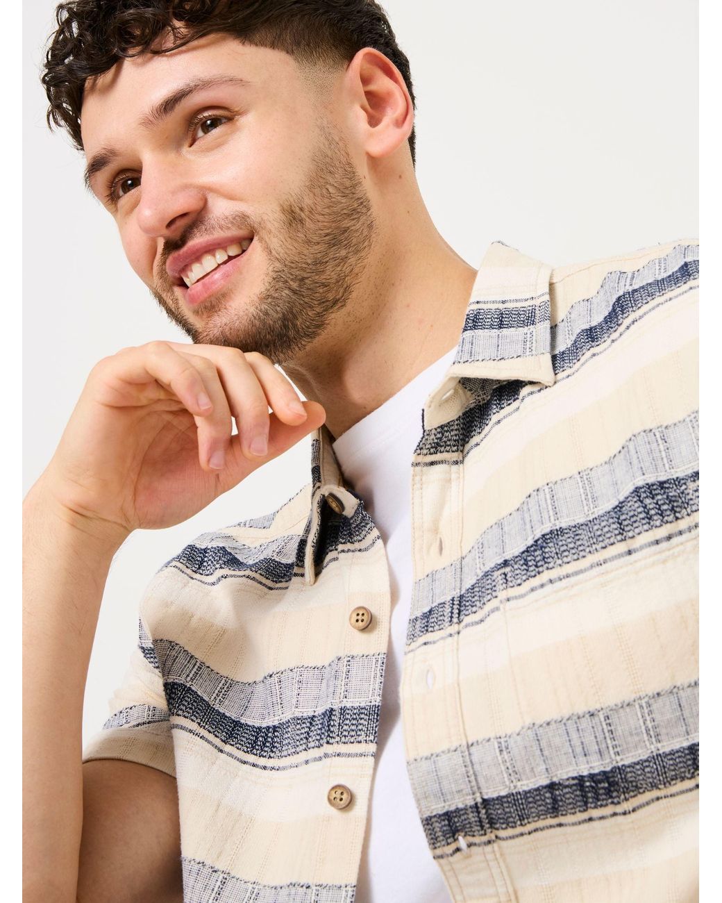 FatFace Blue Milo Short Sleeve Textured Stripe 100% Cotton Shirt for men