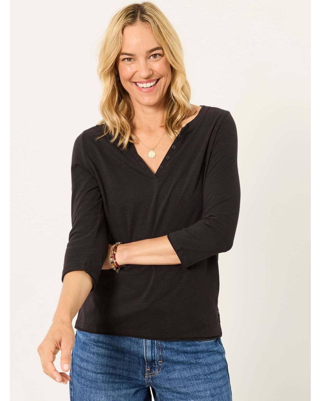 FatFace Black Aster 3/4 Sleeve V-Neck T-Shirt