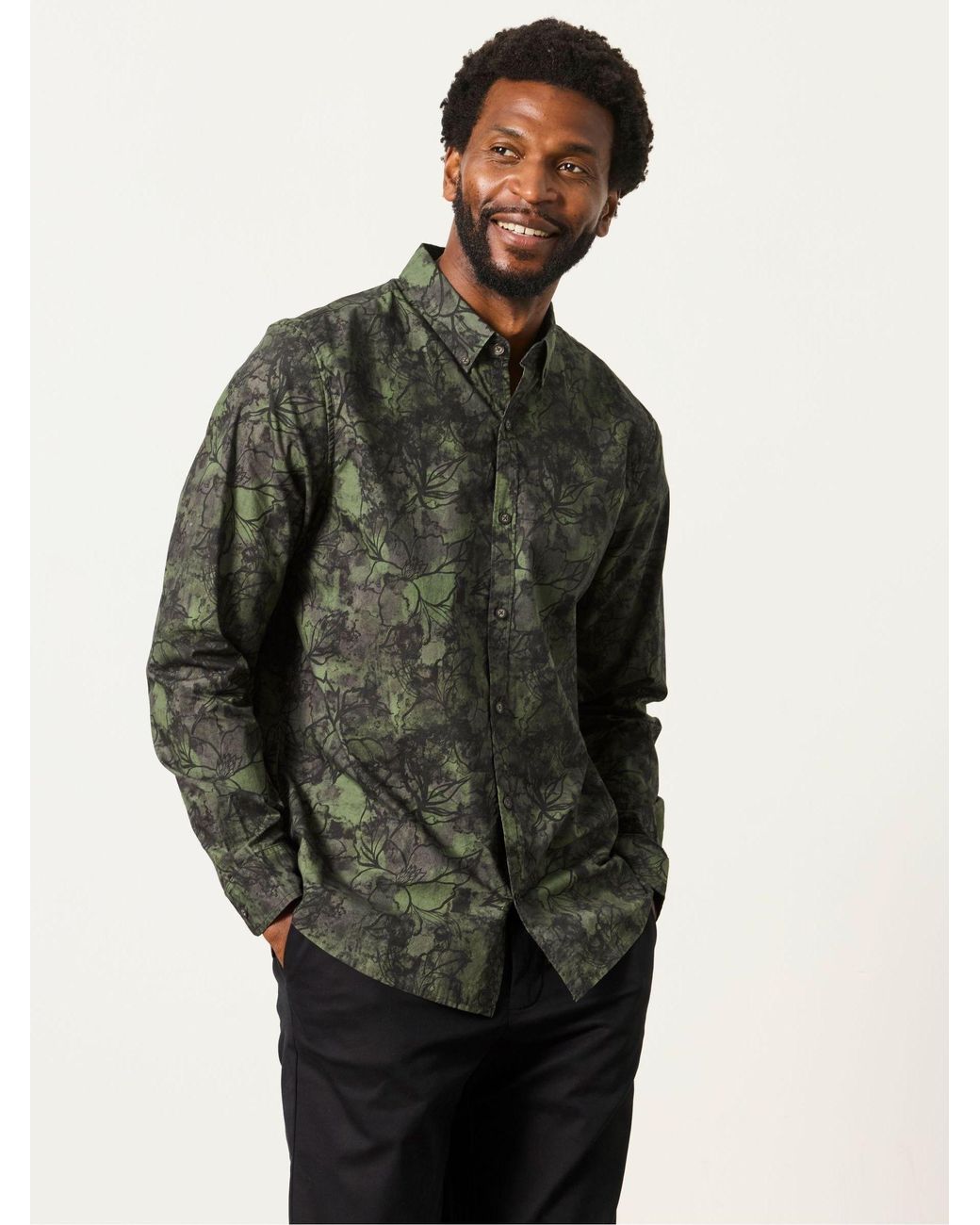 FatFace Green Long Sleeve Painted Floral Print Shirt for men