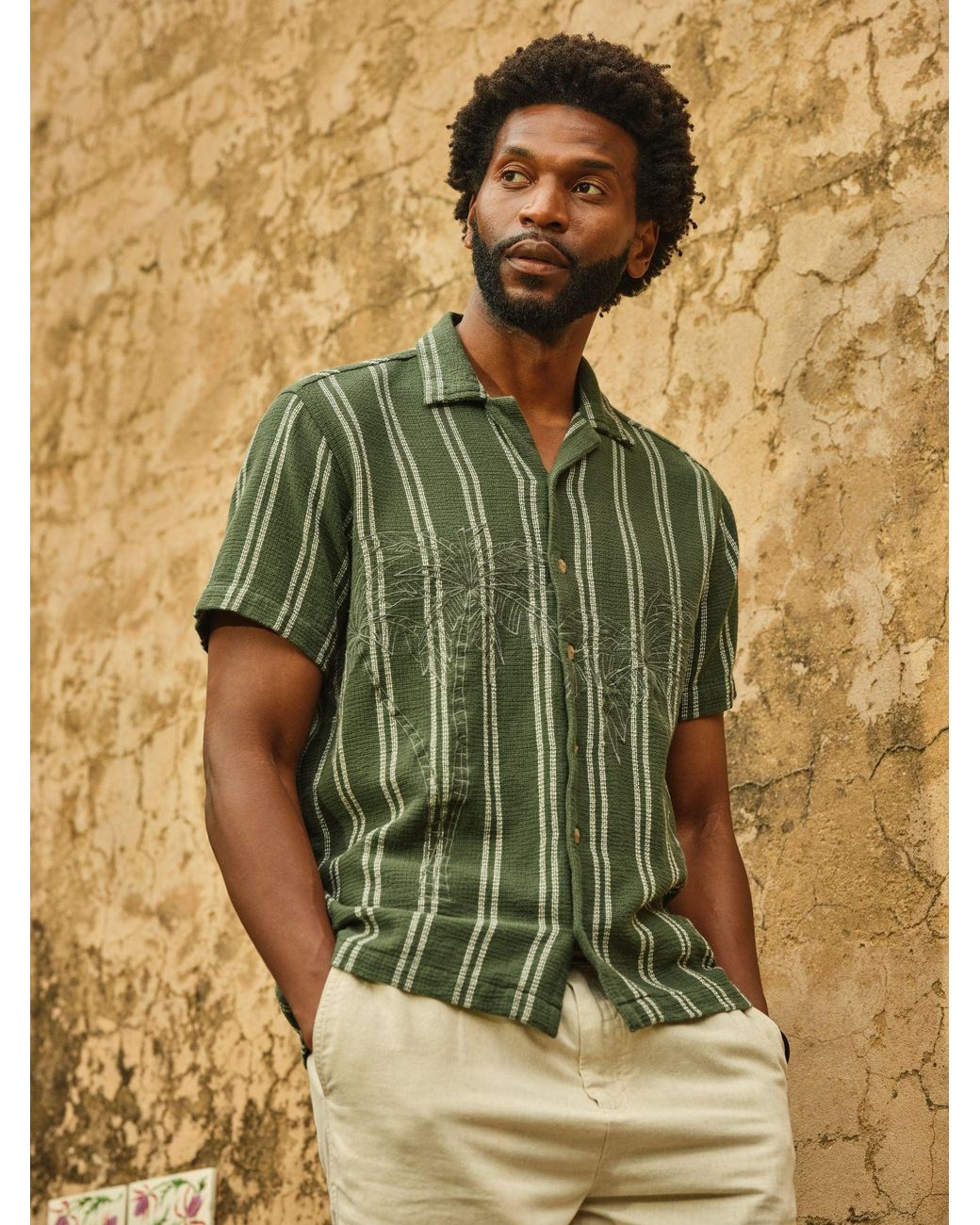 FatFace Green Short Sleeve Relaxed Fit Stripe Shirt With Palm Embroidery for men