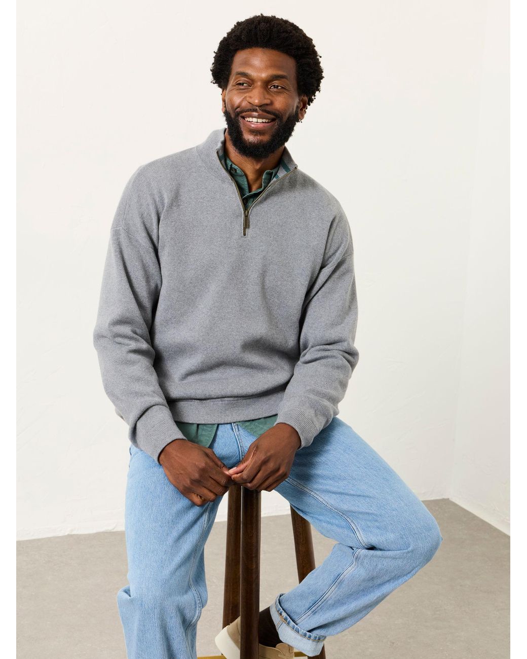 FatFace Gray Helston Knitted Quarter Neck Jumper for men