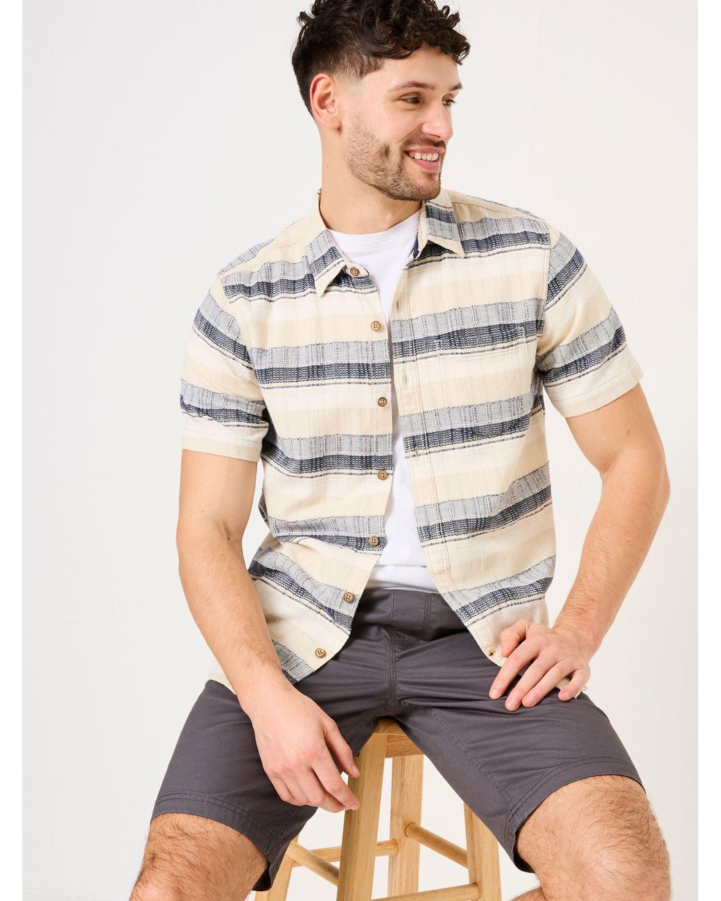 FatFace Blue Milo Short Sleeve Textured Stripe 100% Cotton Shirt for men