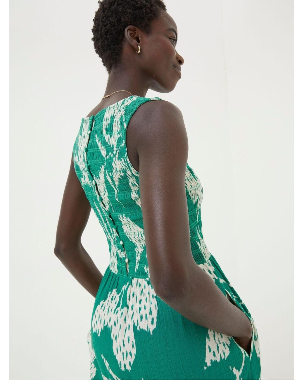 FatFace Green Textured Leaves Midi Dress