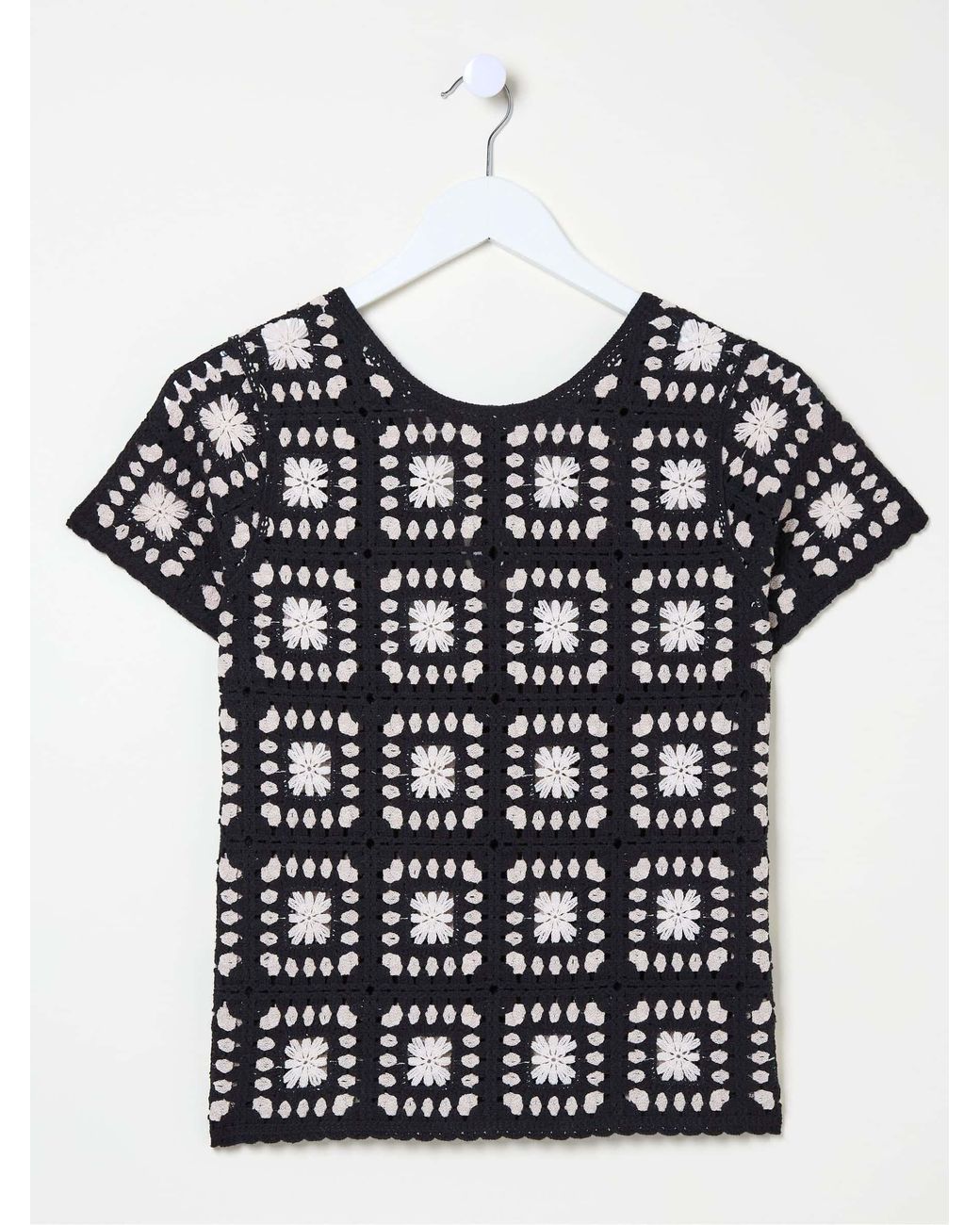FatFace White Mono Crochet Patchwork T-Shirt