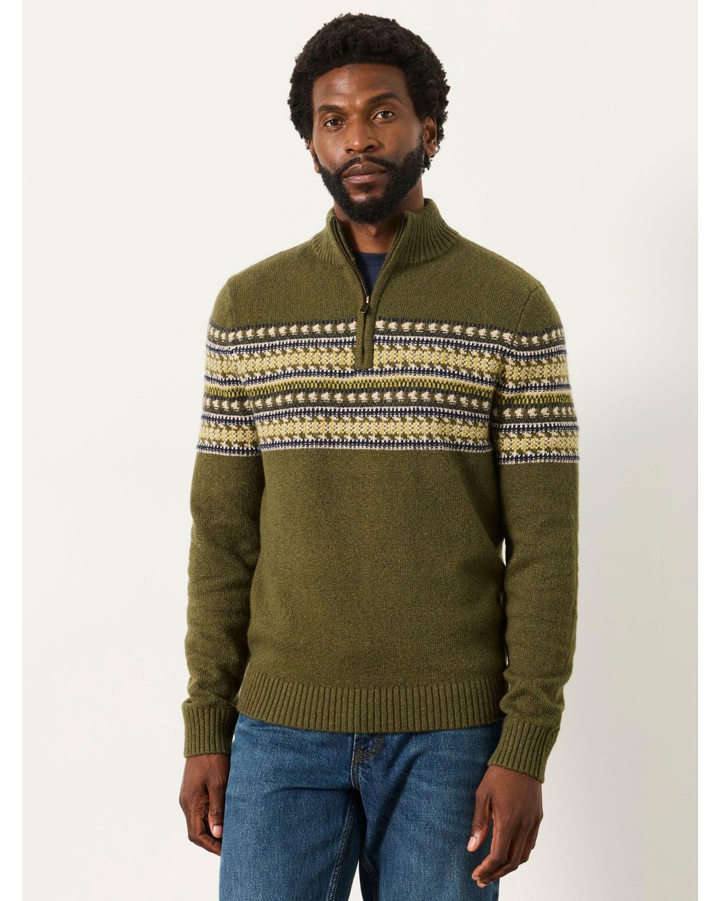 FatFace Green Selkirk Pattern Quarter Zip Knitted Jumper for men