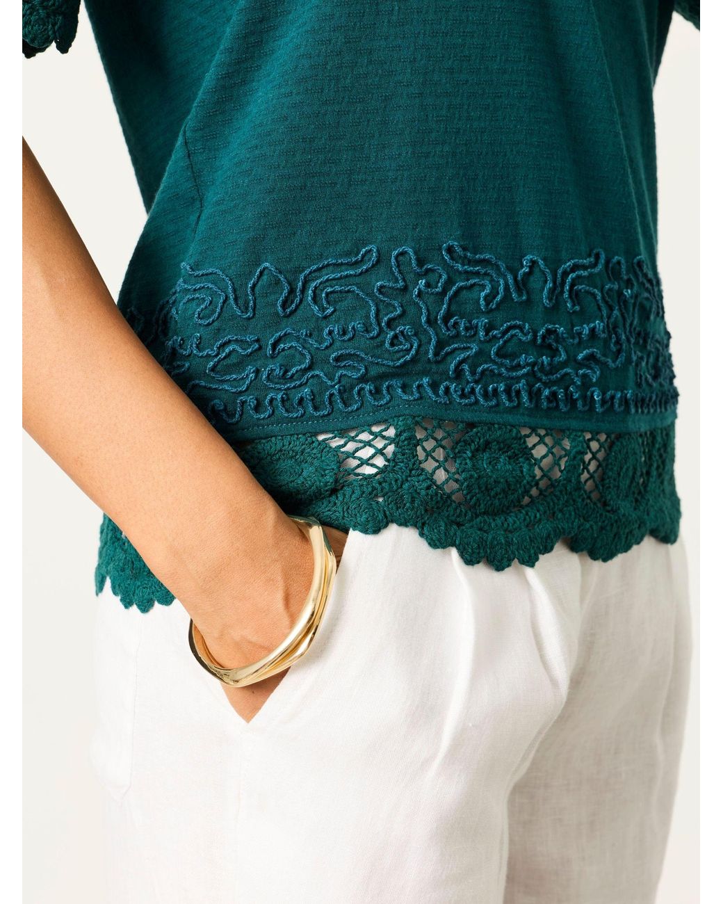 FatFace Green Chloe Crochet Detail T-Shirt