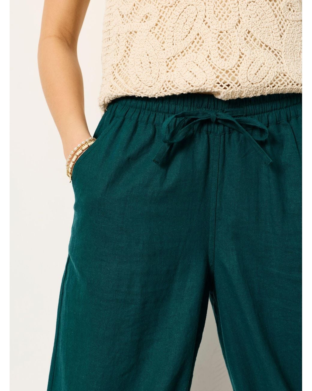 FatFace Green Amelia Linen Wide Leg Cuffed Trousers
