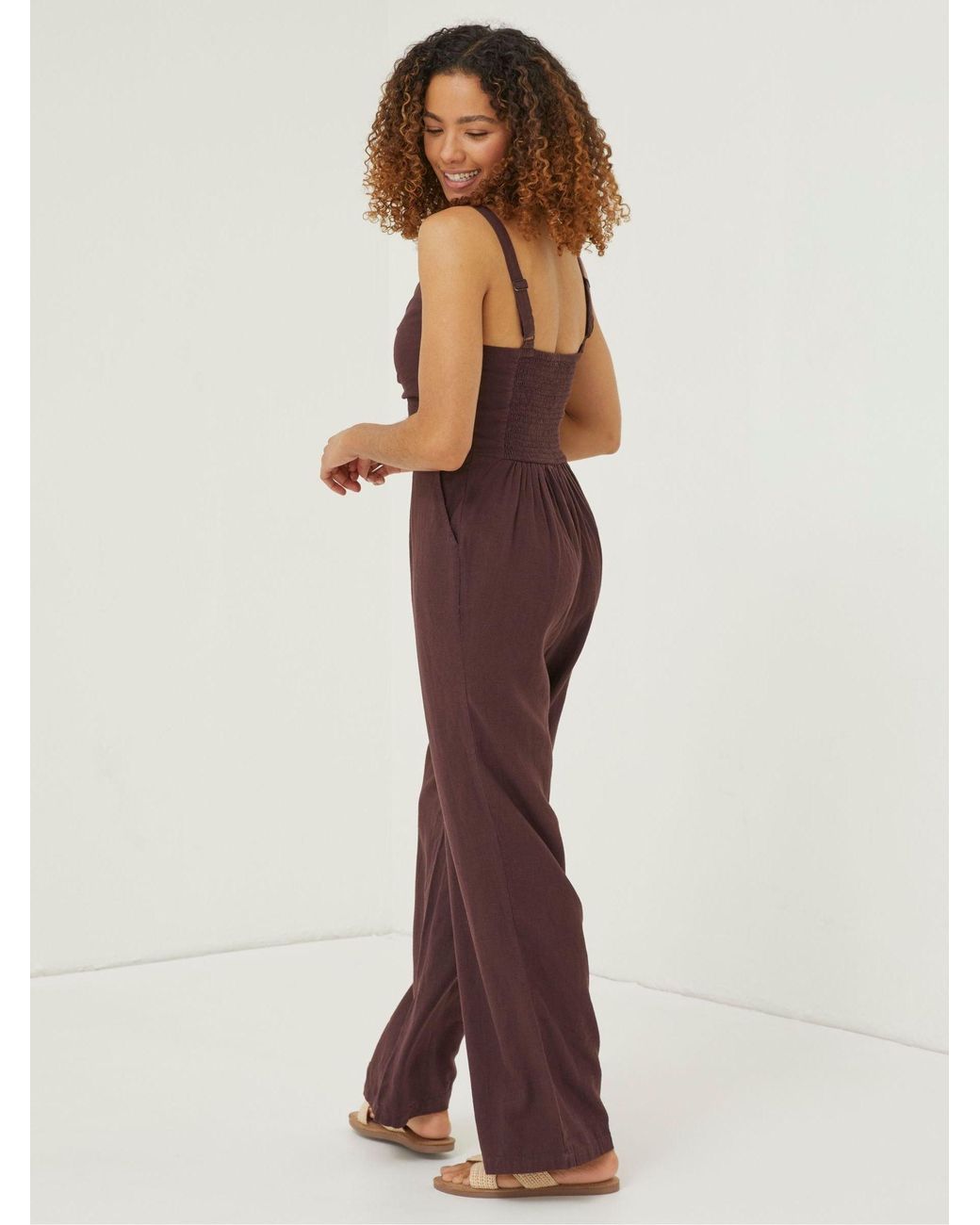 FatFace Brown Linen Vic Jumpsuit