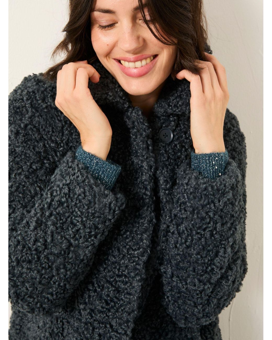 FatFace Blue Bianca Longline Teddy Coat