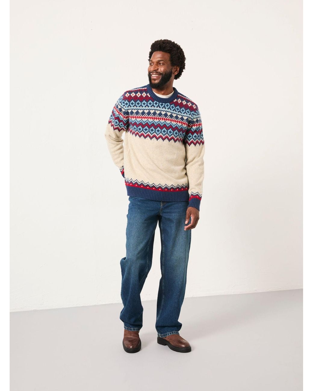 FatFace Natural Hudson Knitted Fairisle Crew Jumper for men
