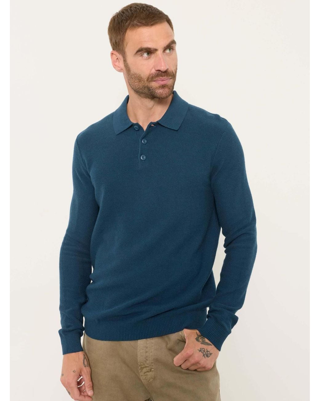 FatFace Blue Rye Long Sleeve Knitted Polo Shirt for men