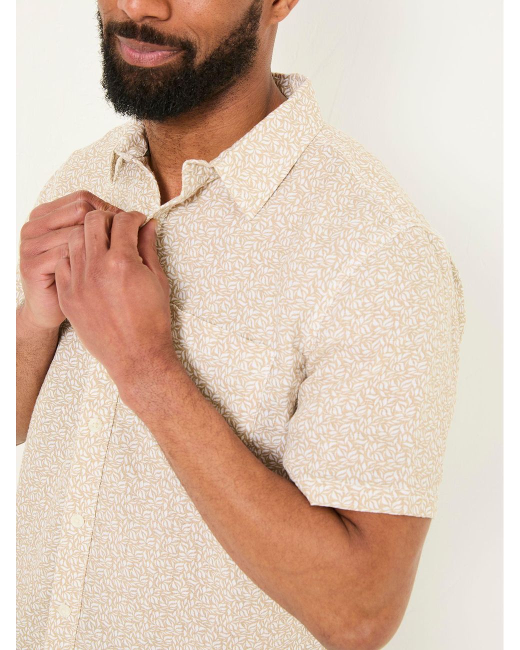 FatFace Natural Short Sleeve Linen Leaf Print 100% Linen Shirt for men
