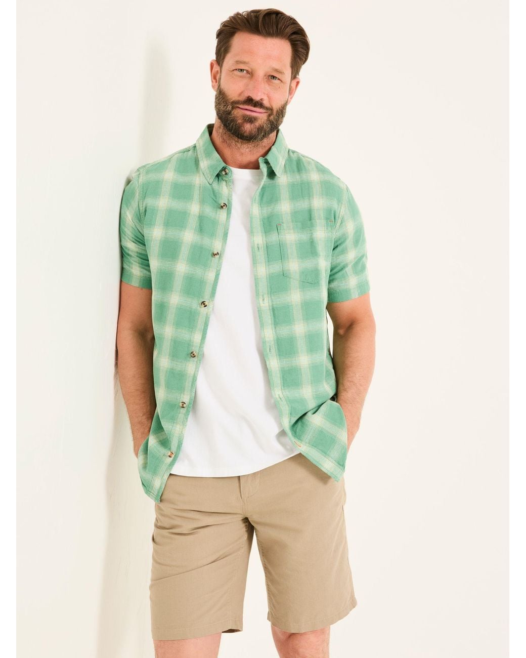 FatFace Green Short Sleeve Basel Check Shirt for men