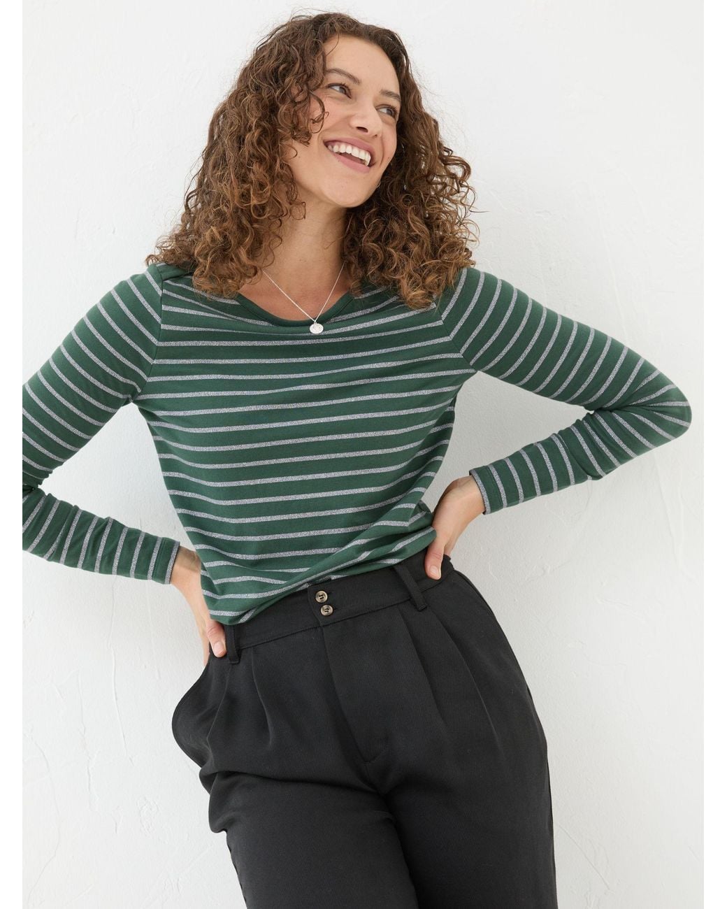 FatFace Green Sparkle Breton T-Shirt