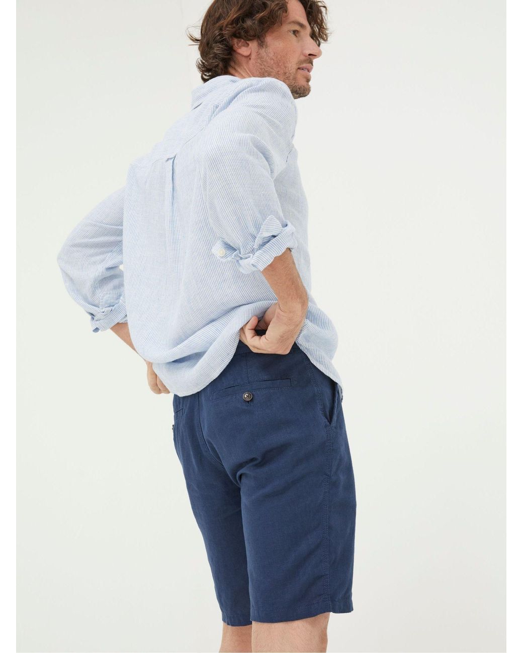 FatFace Blue Linen Flat Front Shorts for men