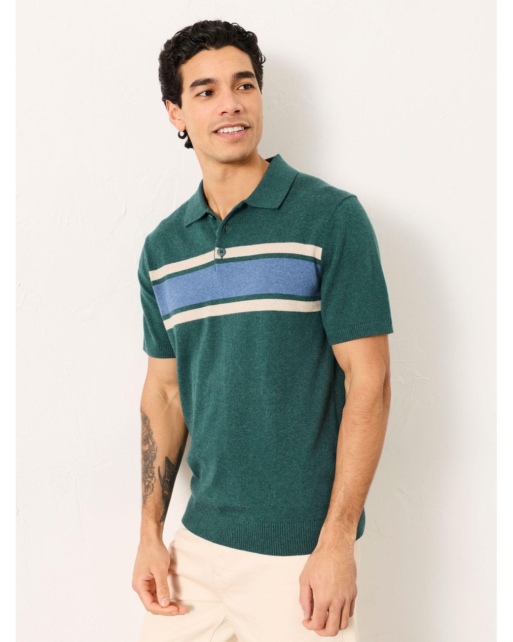 FatFace Green Fatface Rye Chest Stripe Knitted Polo for men