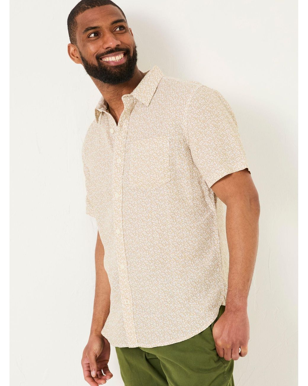FatFace Natural Short Sleeve Linen Leaf Print 100% Linen Shirt for men