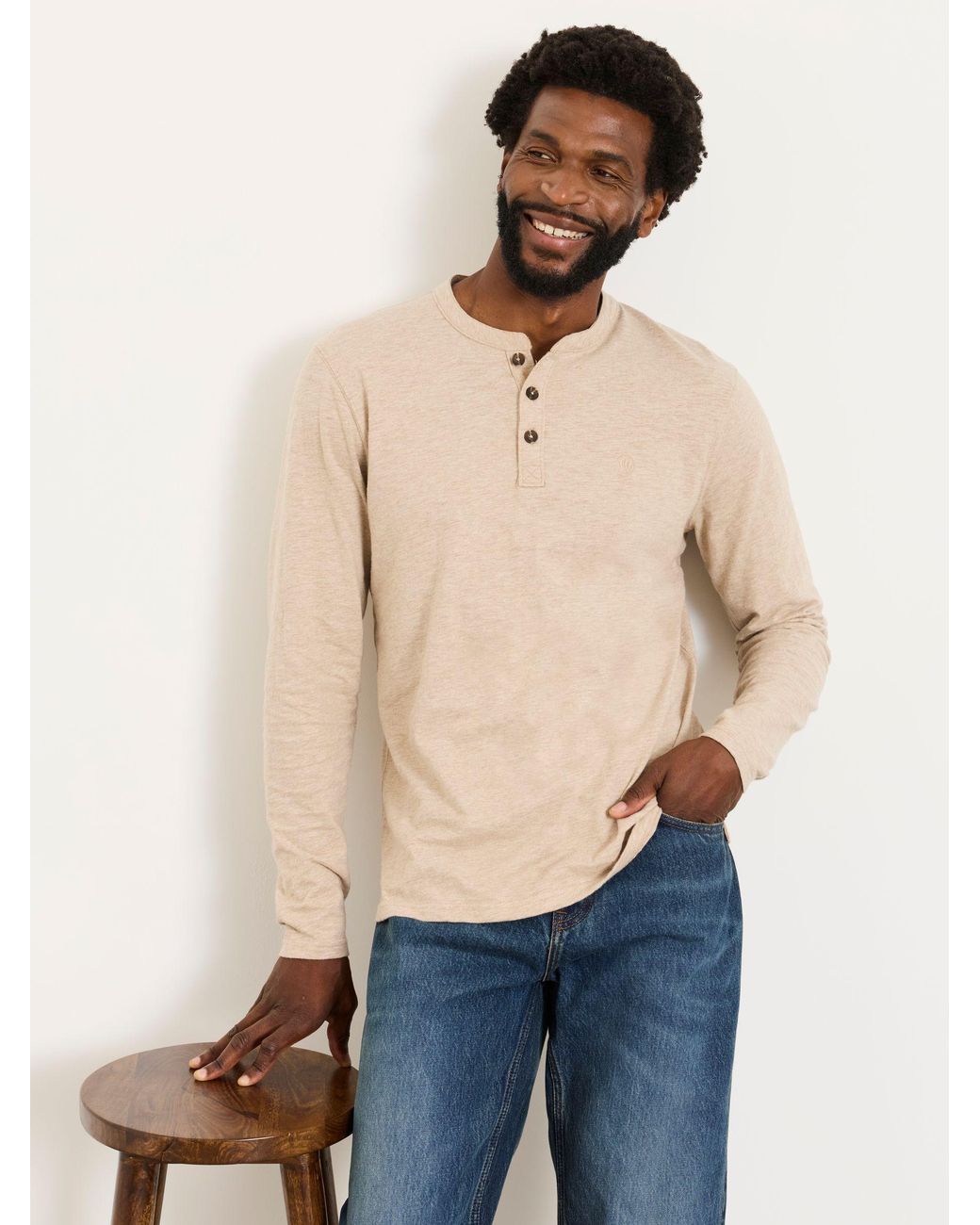 FatFace Natural Woodside Long Sleeve Henley Top for men