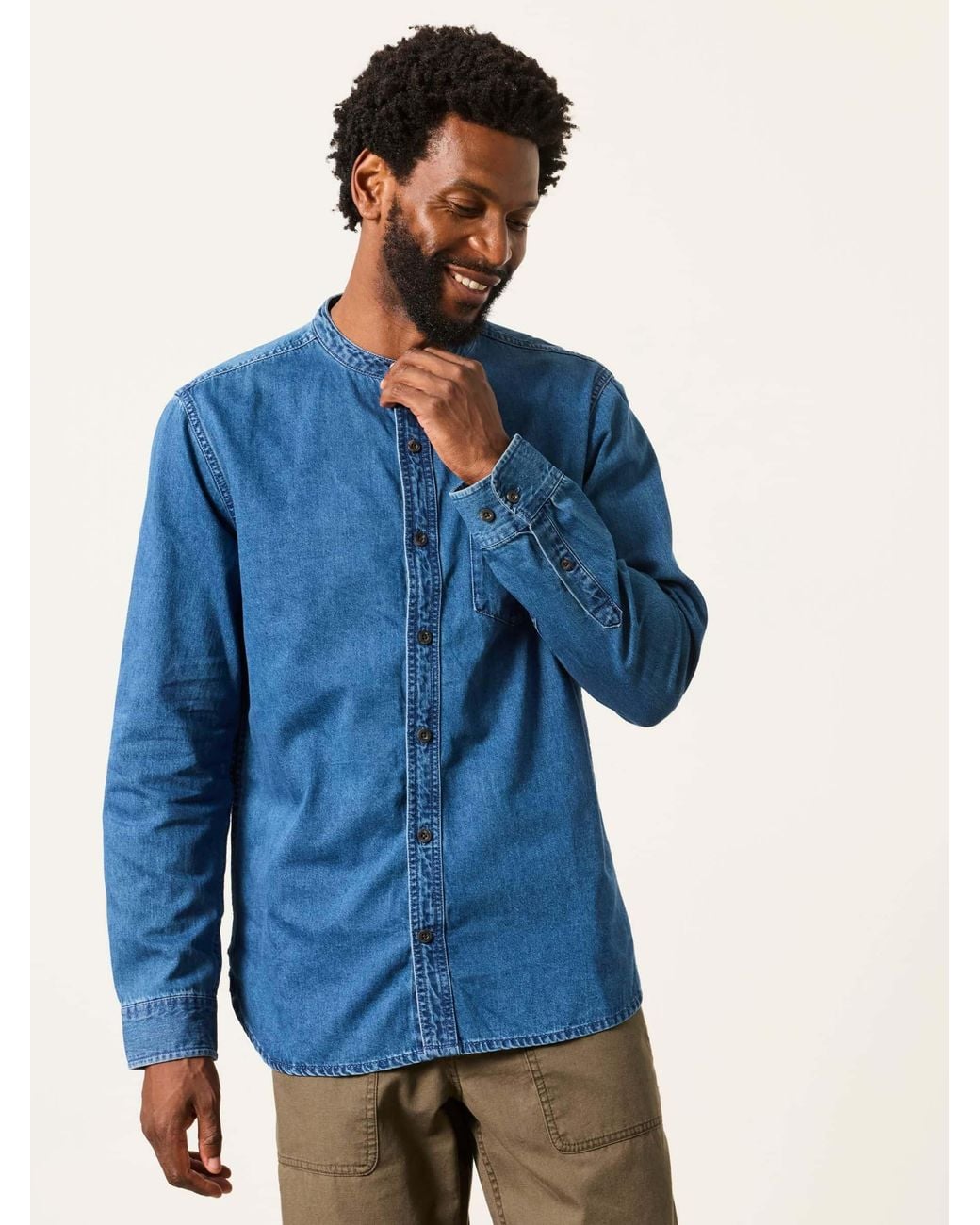 FatFace Blue Long Sleeve Grandad Denim Shirt for men