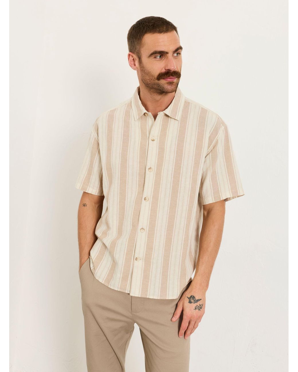 FatFace Natural Short Sleeve Relaxed Fit Linen Cotton Stripe Shirt for men