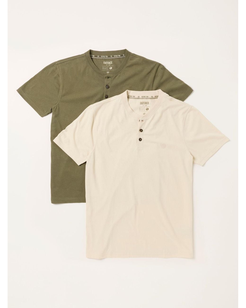 FatFace Fatface 2 Pack Khaki/Natural Short Sleeve Henley Top for men
