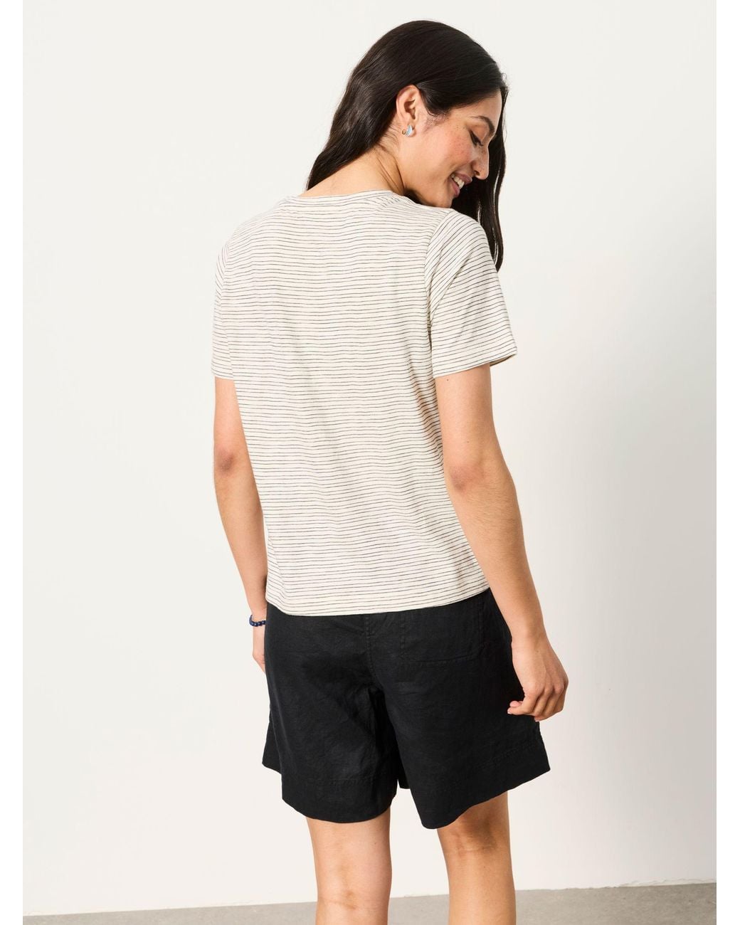 FatFace White Stripe Embroidered Flower T-Shirt