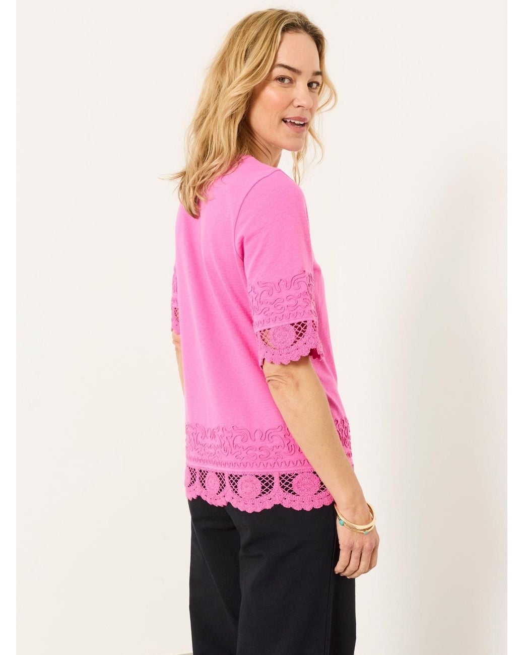 FatFace Pink Chloe Crochet Detail T-Shirt