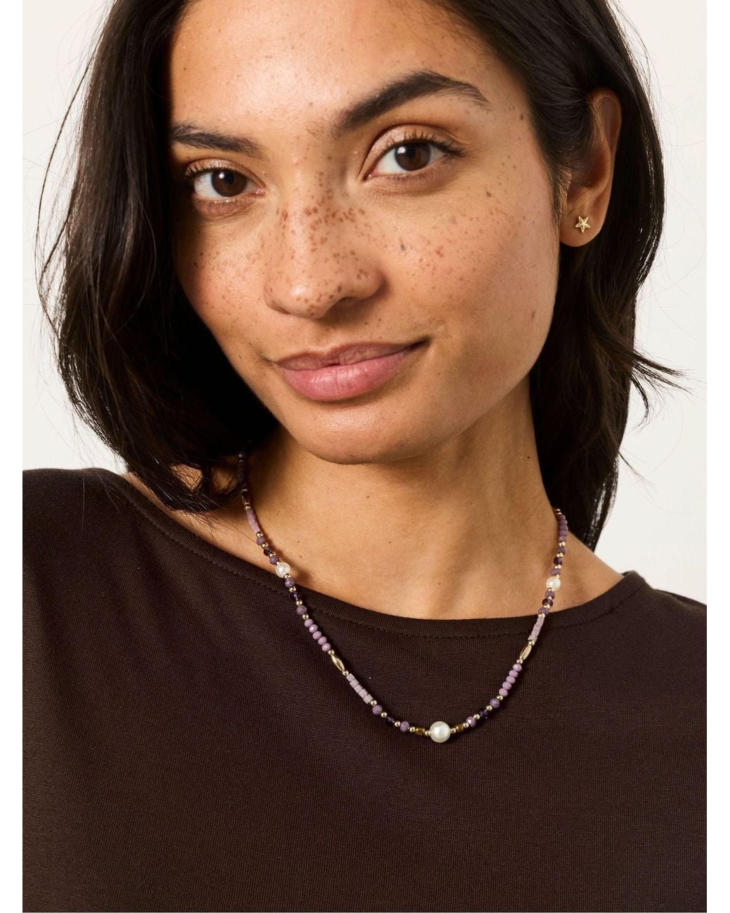 FatFace Brown Faux Pearl And Bead Necklace