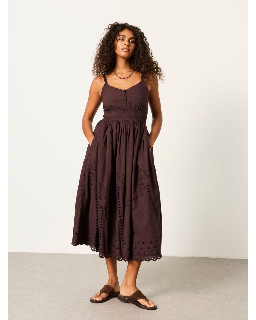 FatFace Brown Teri Embroidered Midi Dress