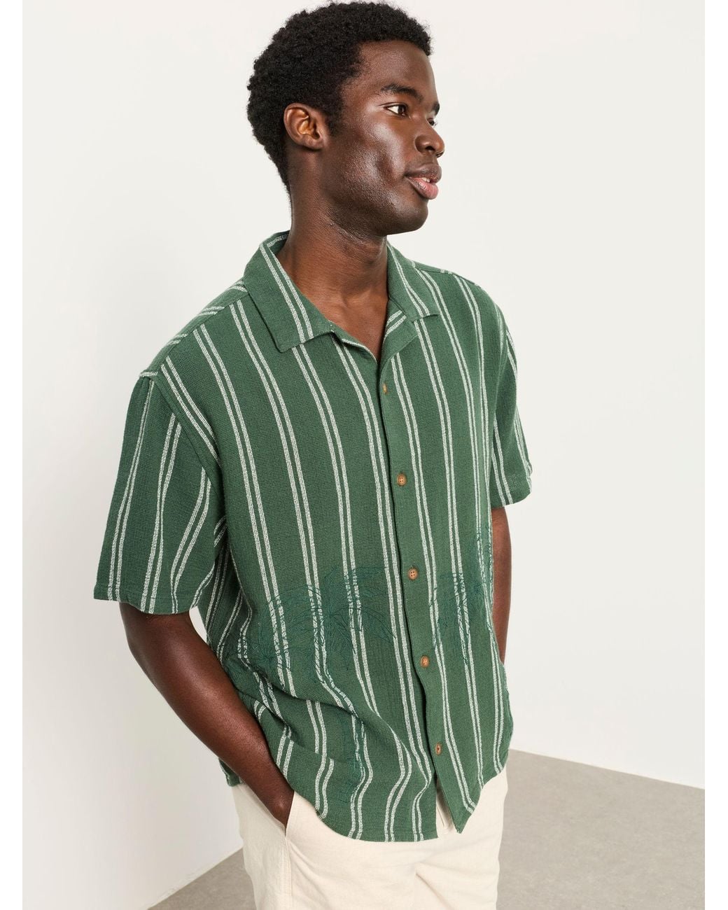 FatFace Green Short Sleeve Relaxed Fit Stripe Shirt With Palm Embroidery for men