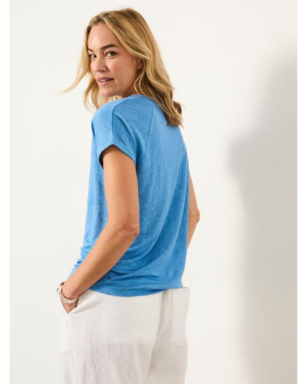 FatFace Blue Lauren 100% Linen V Neck T Shirt