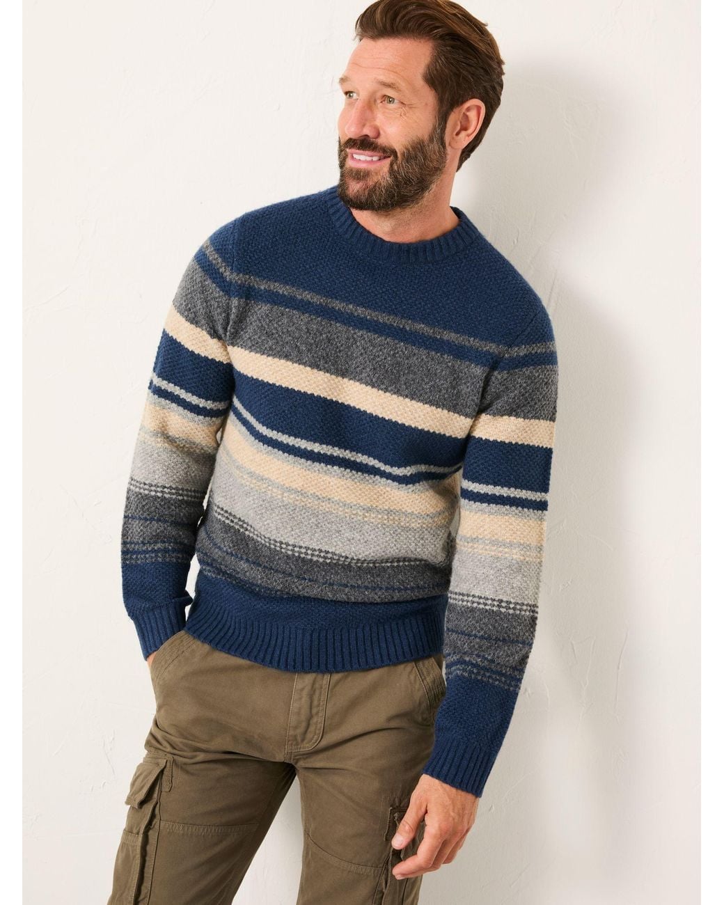 FatFace Blue Calder Stripe Crew Neck Knitted Jumper for men