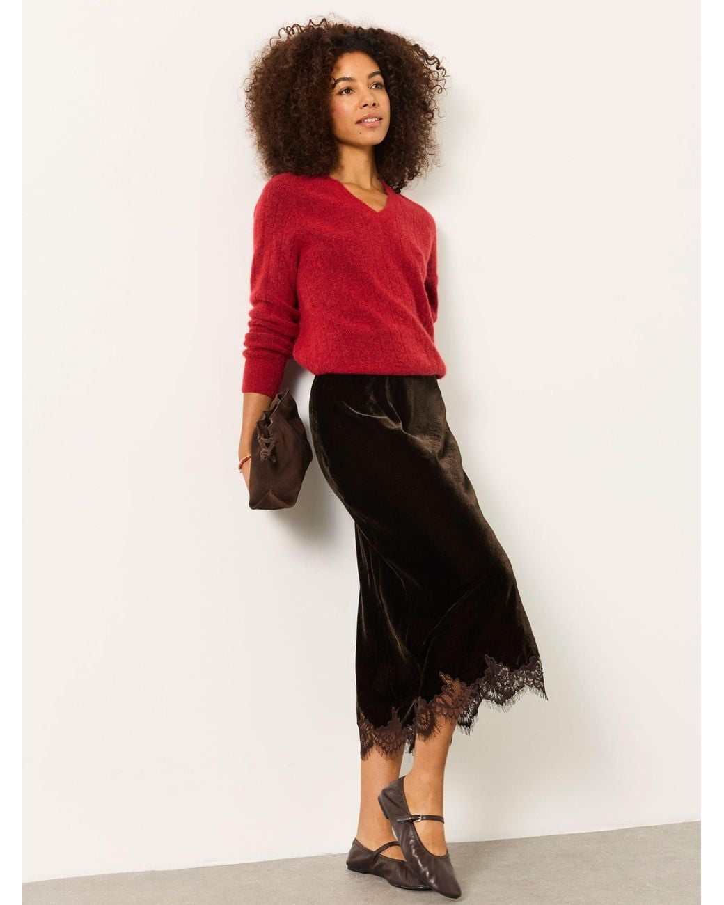 FatFace Red Esme Velvet Midi Skirt