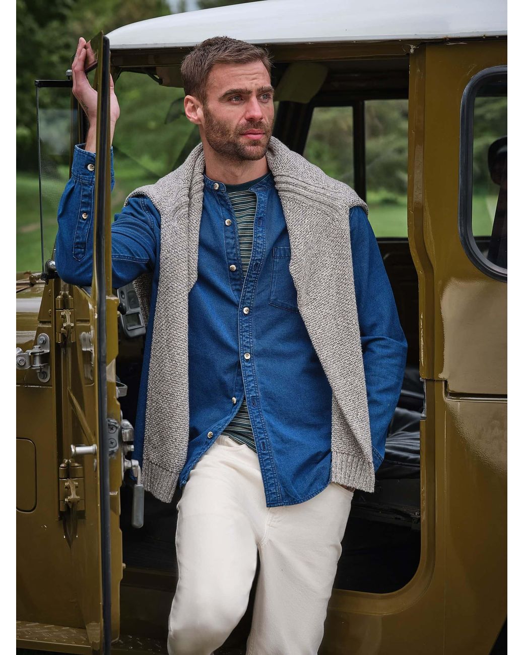 FatFace Blue Long Sleeve Grandad Denim Shirt for men