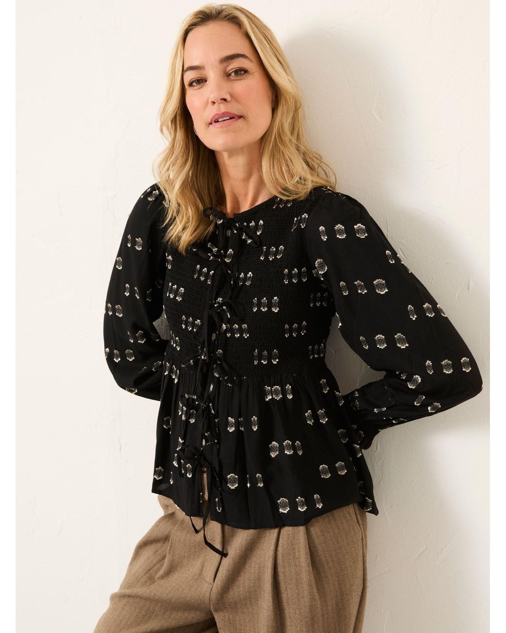 FatFace Black Fatface Kiki Metallic Tie Front Blouse