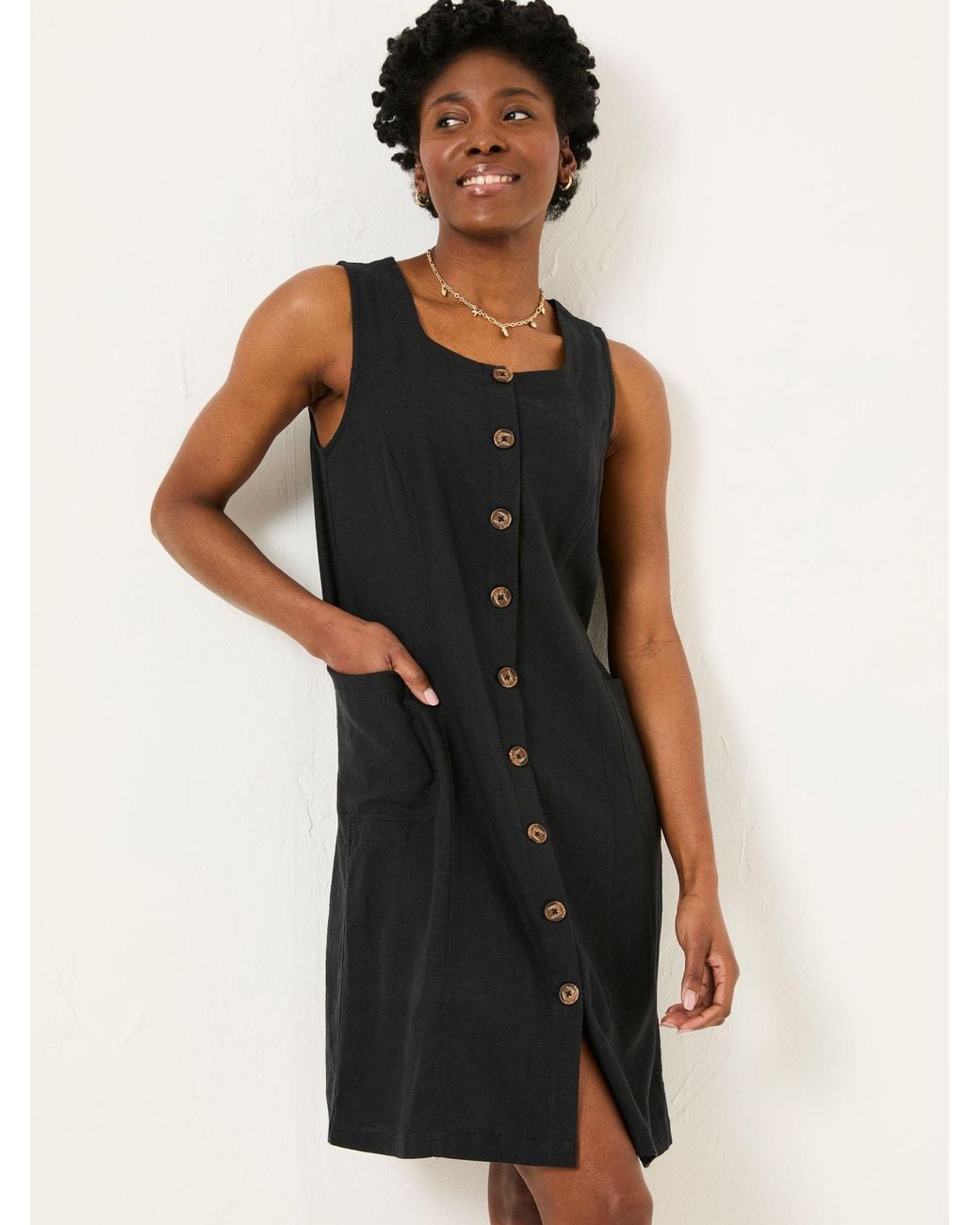 FatFace Black Binny Button Linen Dress