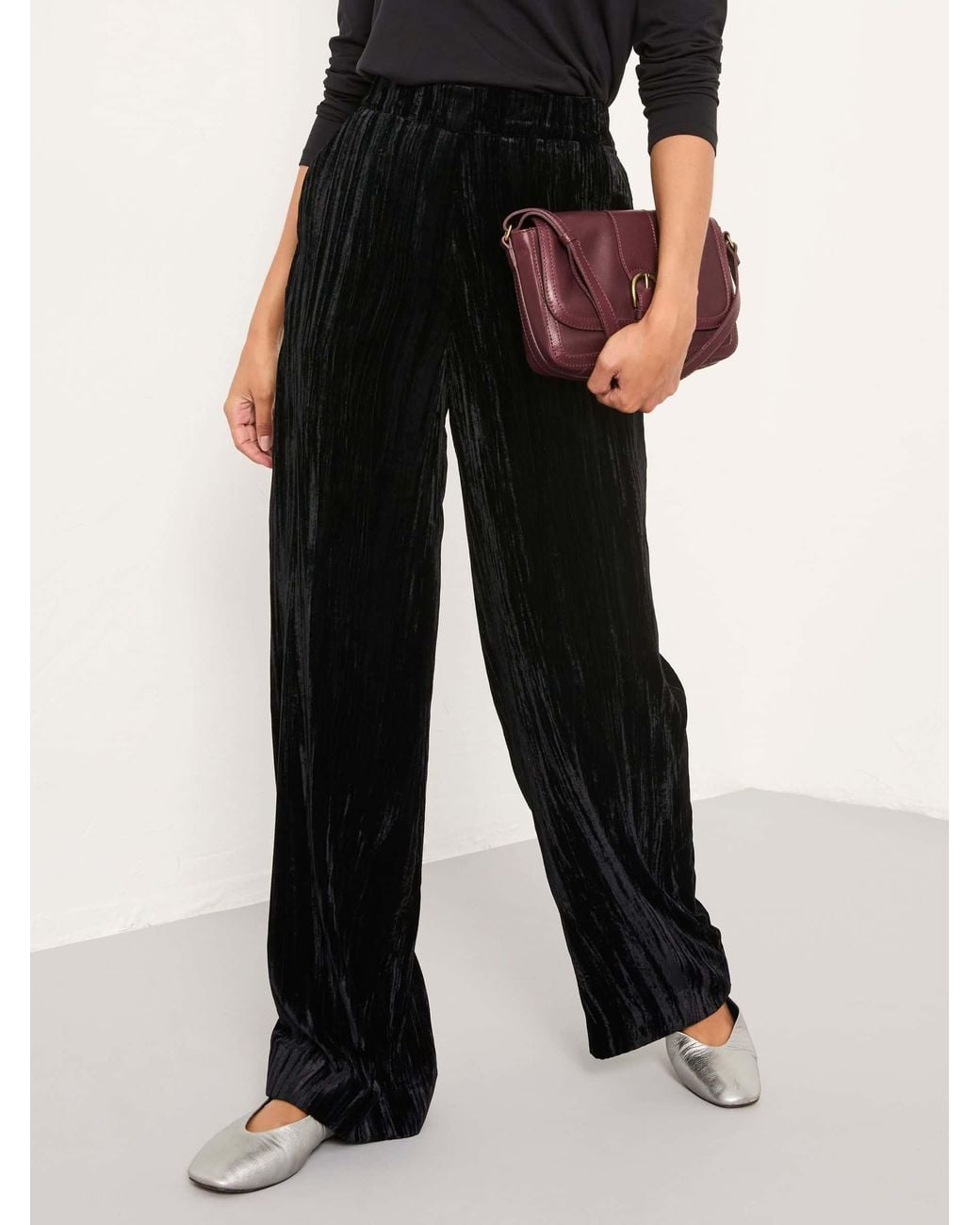 FatFace Black Hetty Wide Leg Crinkle Velvet Trousers