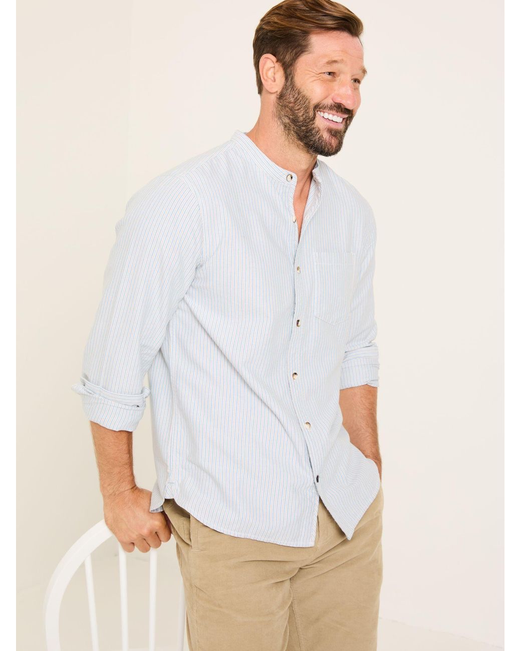 FatFace White Long Sleeve Stripe Grandad Shirt for men