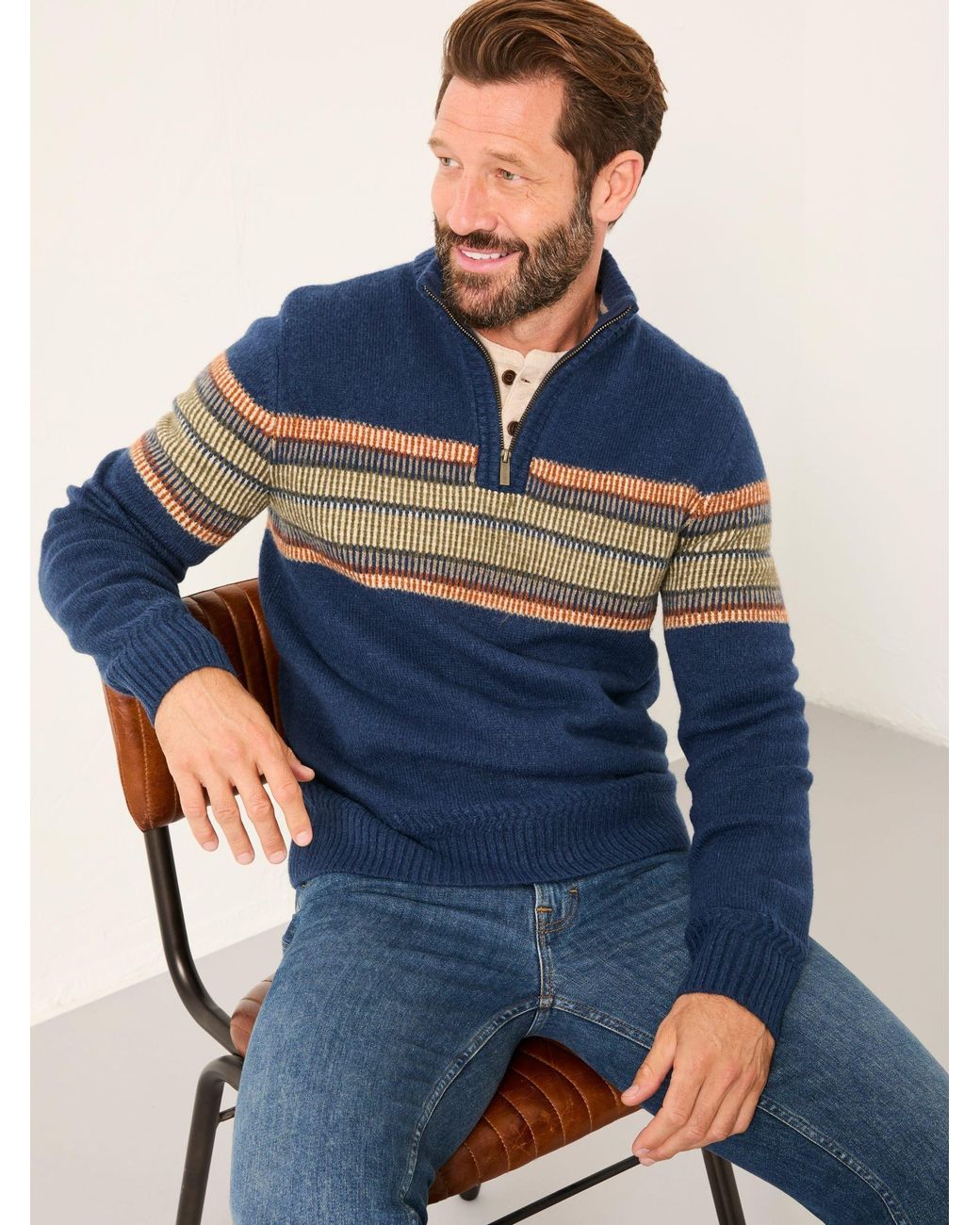 FatFace Blue Runswick Half Zip Neck Knitted Jumper for men