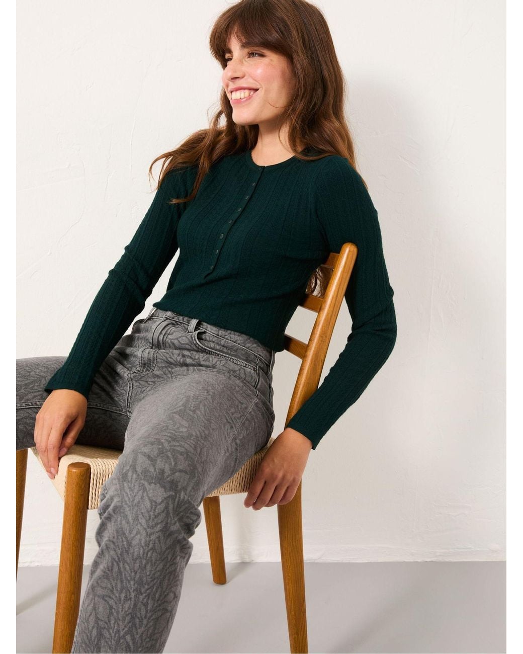 FatFace Green Mae Knitted Textured Henley Crew Neck Jumper