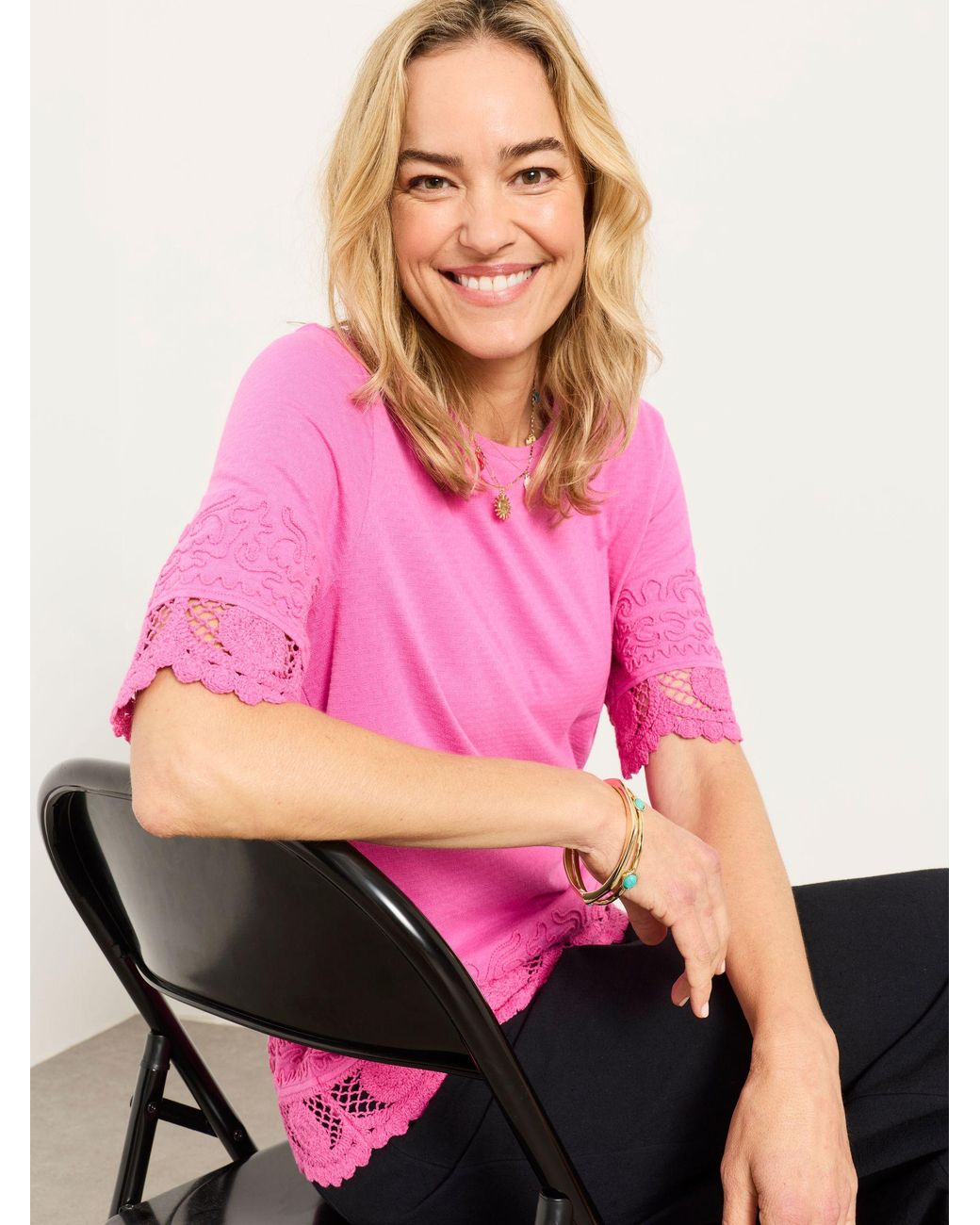 FatFace Pink Chloe Crochet Detail T-Shirt