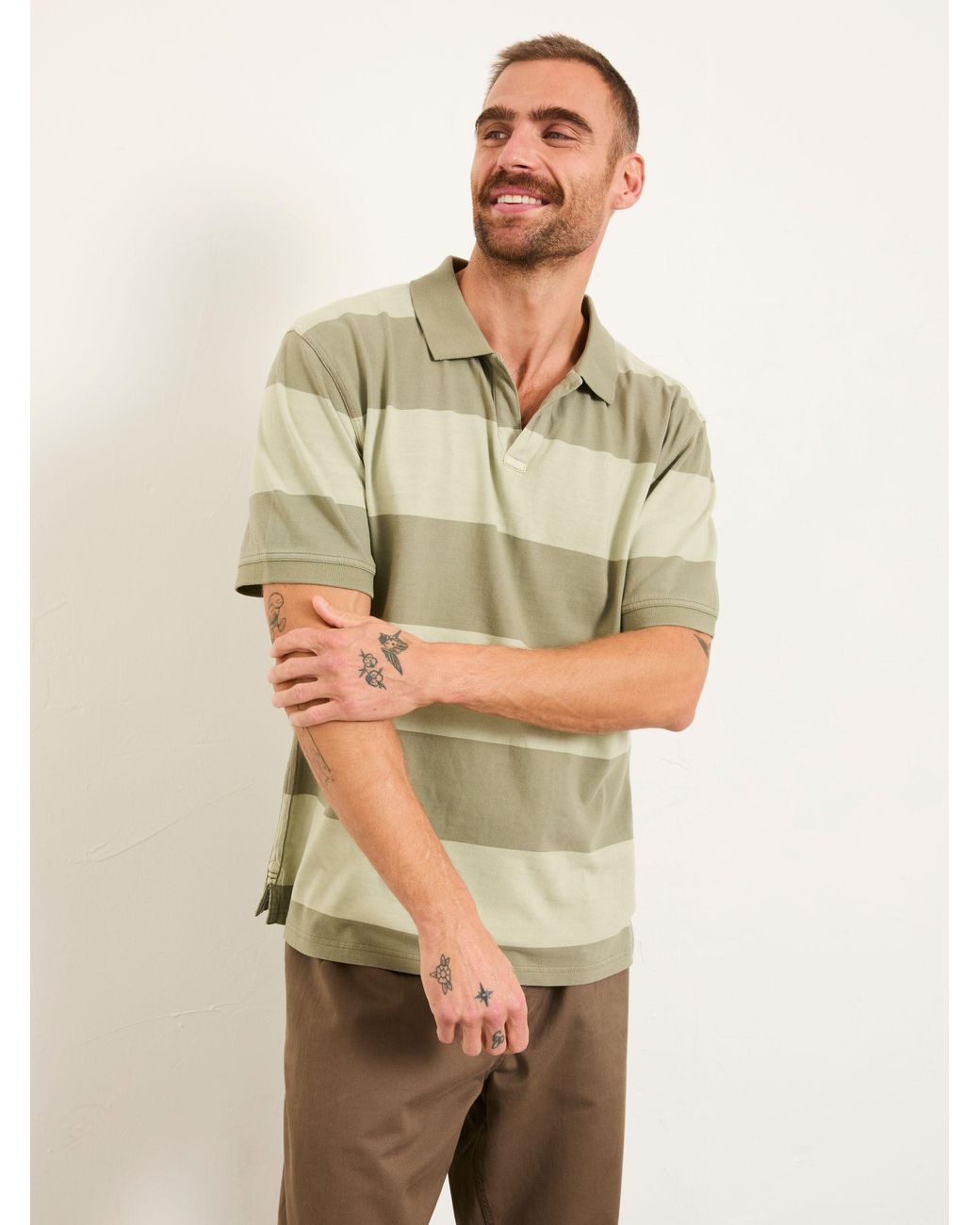 FatFace Green Ashton Relaxed Fit Rugby Stripe Notch Polo for men