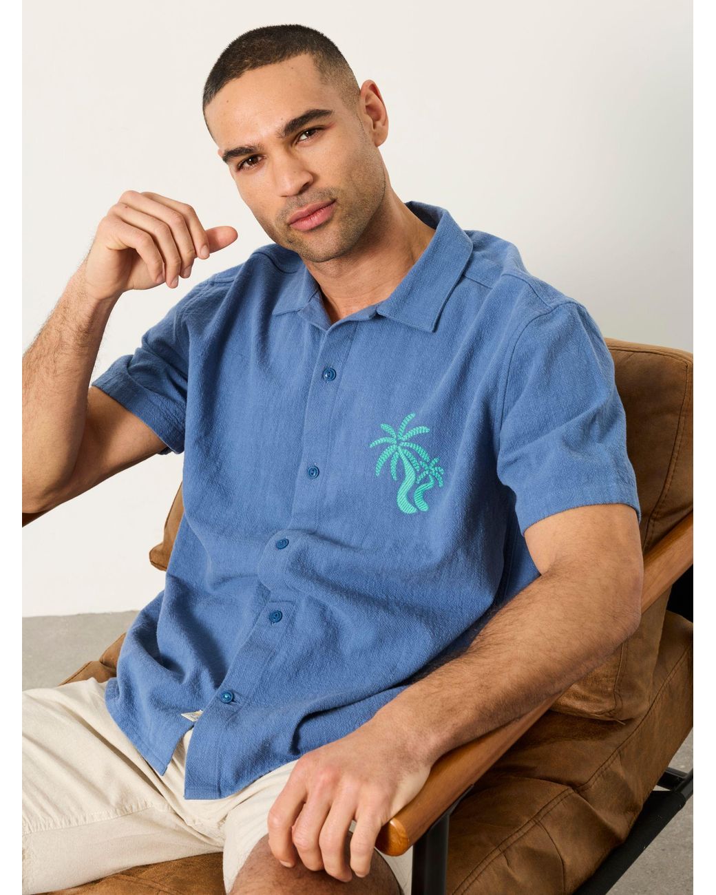 FatFace Blue Fatface Short Sleeve Relaxed Fit Graphic Placement Embroidery Shirt for men