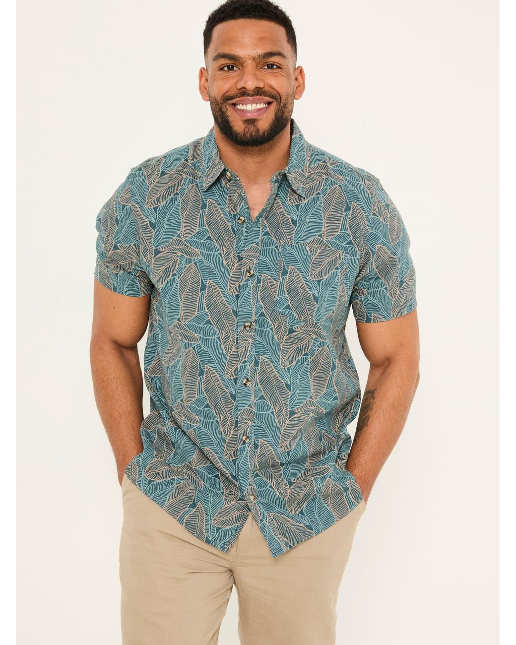 FatFace Green Short Sleeve Leaf Print Shirt for men