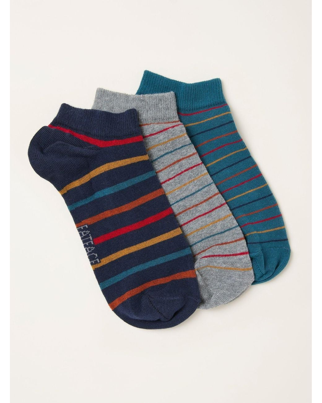 FatFace Blue Fatface 3 Pairs Of Pop Stripe Trainer Socks for men