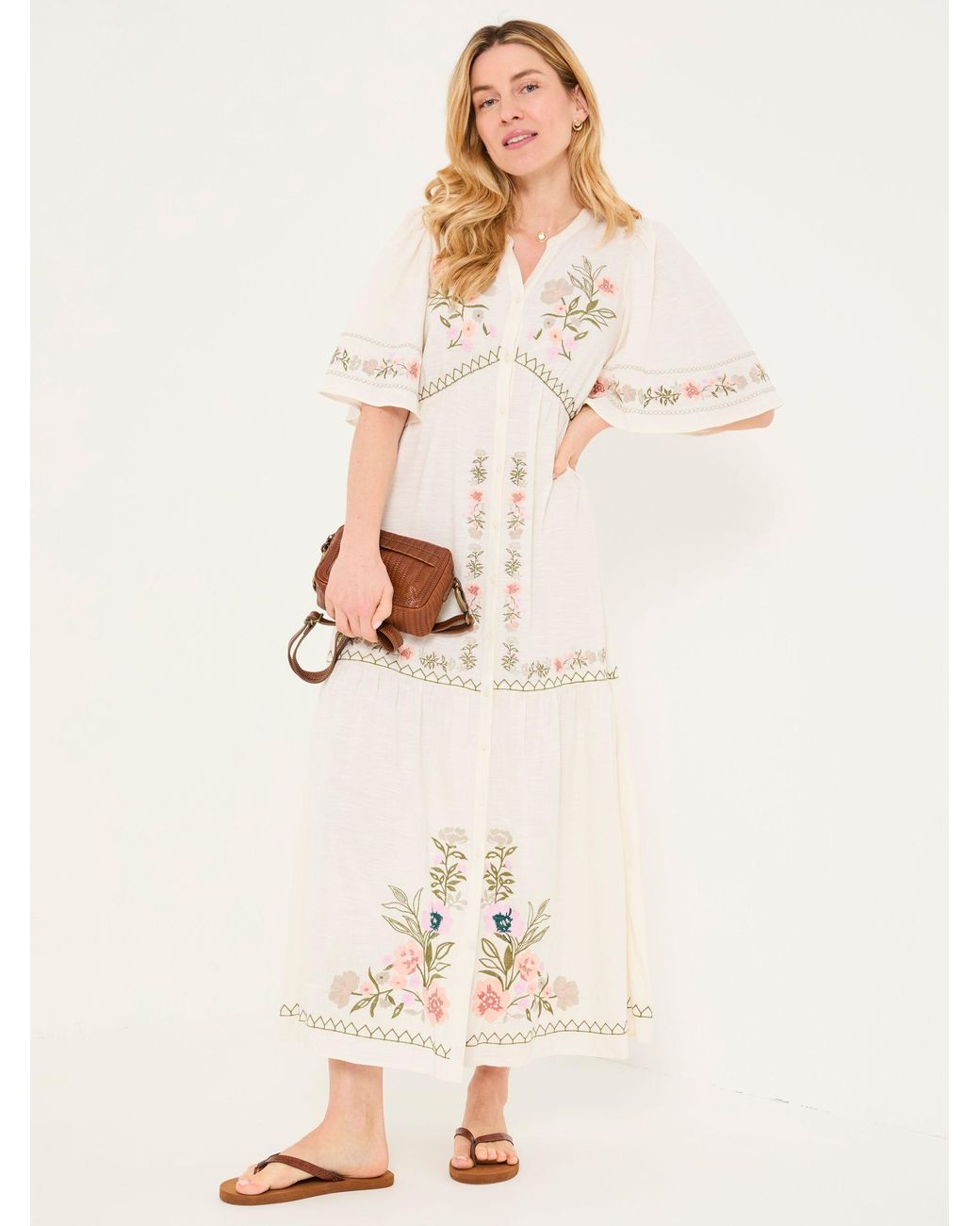FatFace White Paige Embroidered Midi Dress