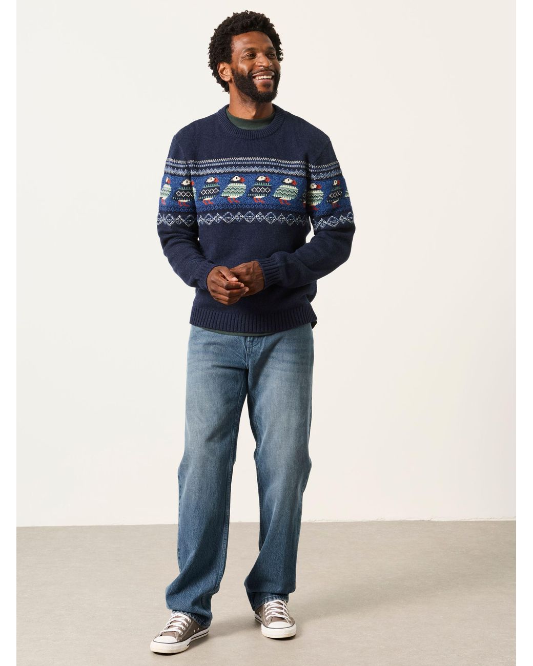 FatFace Blue Puffin Crew Neck Knitted Jumper for men