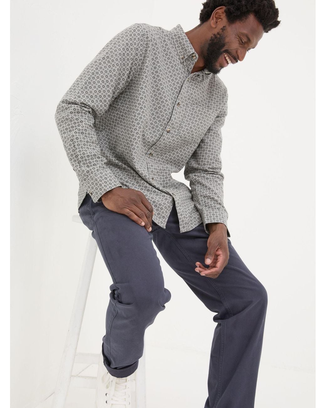 FatFace Gray Long Sleeve Geo Print 100% Cotton Shirt for men