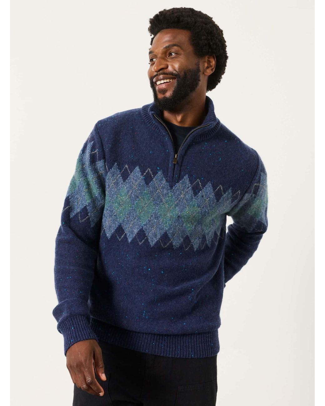 FatFace Blue Fatface Argyle Quarter Zip Knitted Jumper for men